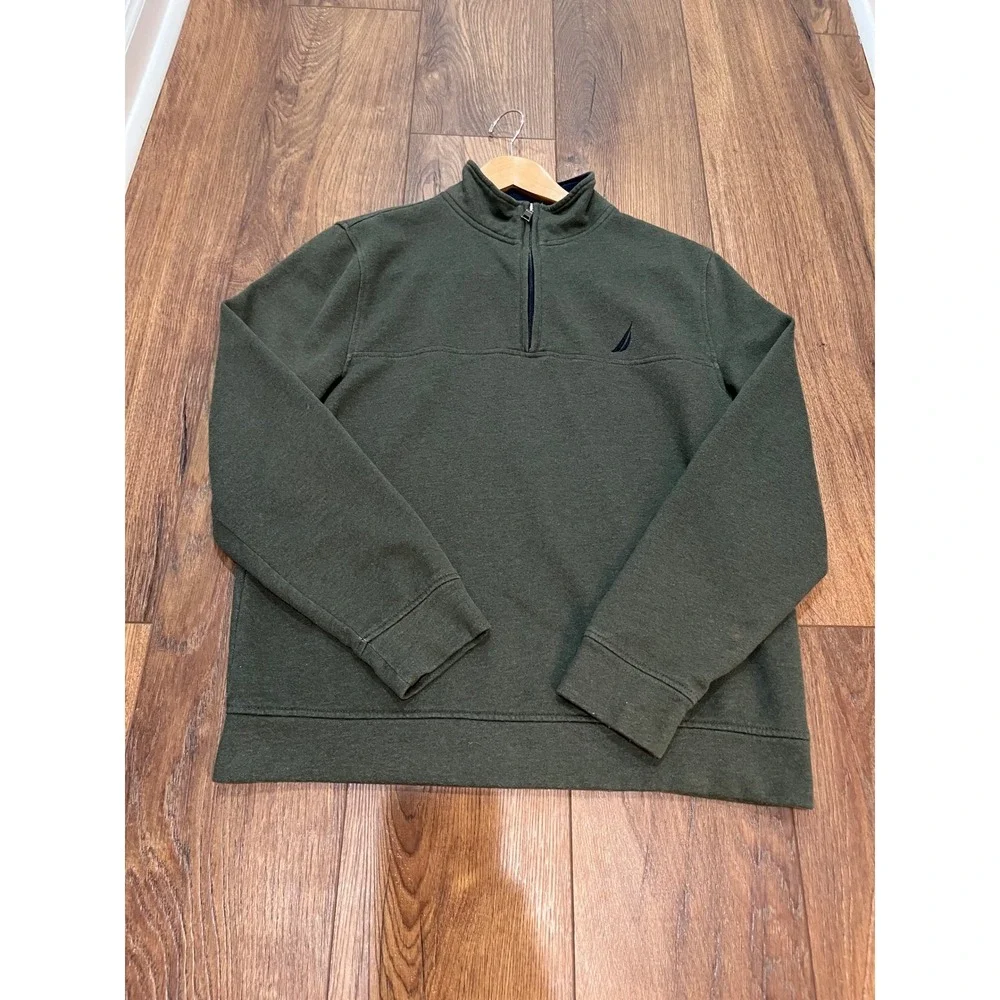 Nautica Mens J-Class Quarter Zip‎ Pullover Sweatshirt Olive Green Fleece Sz. M